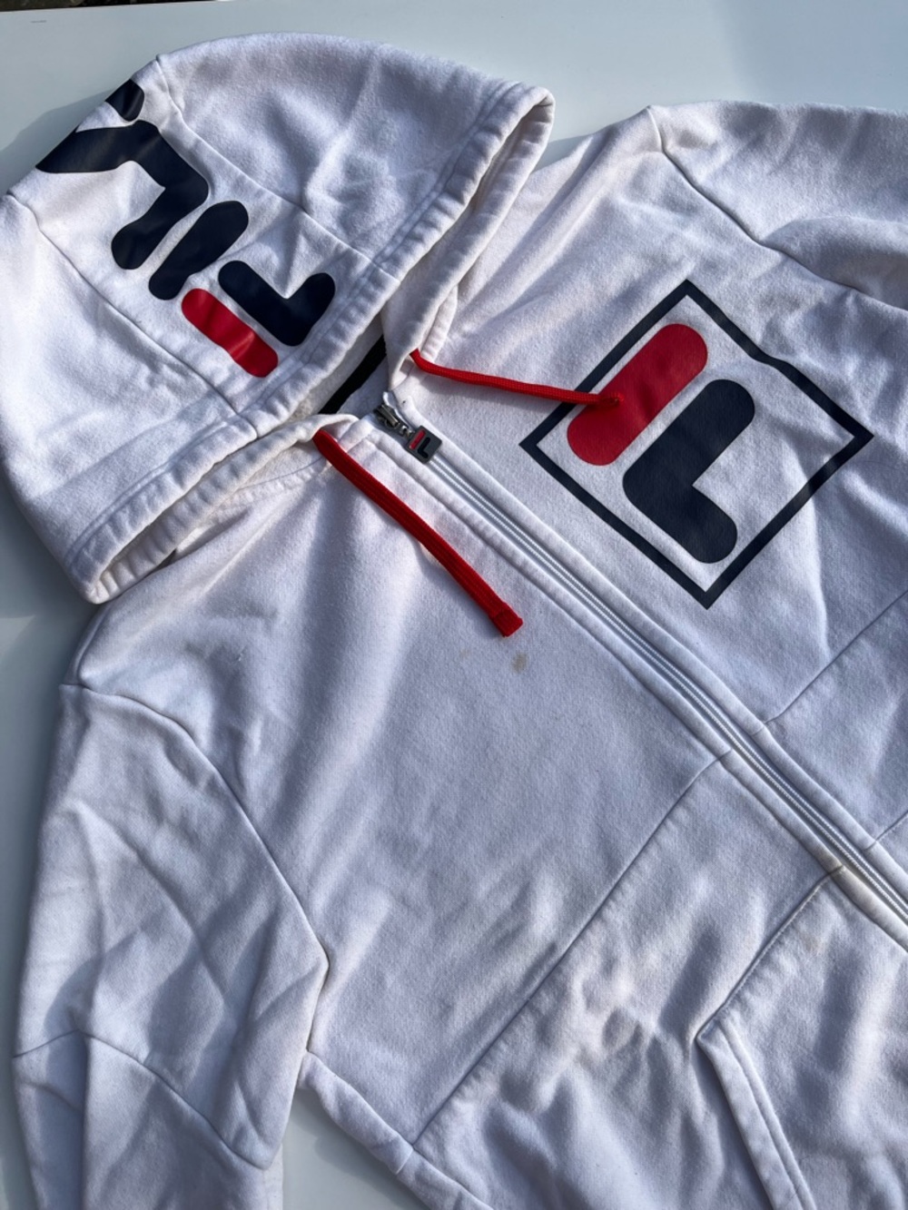 FILA White Fleece Zip Hoodie with Red & Navy Logo Accents